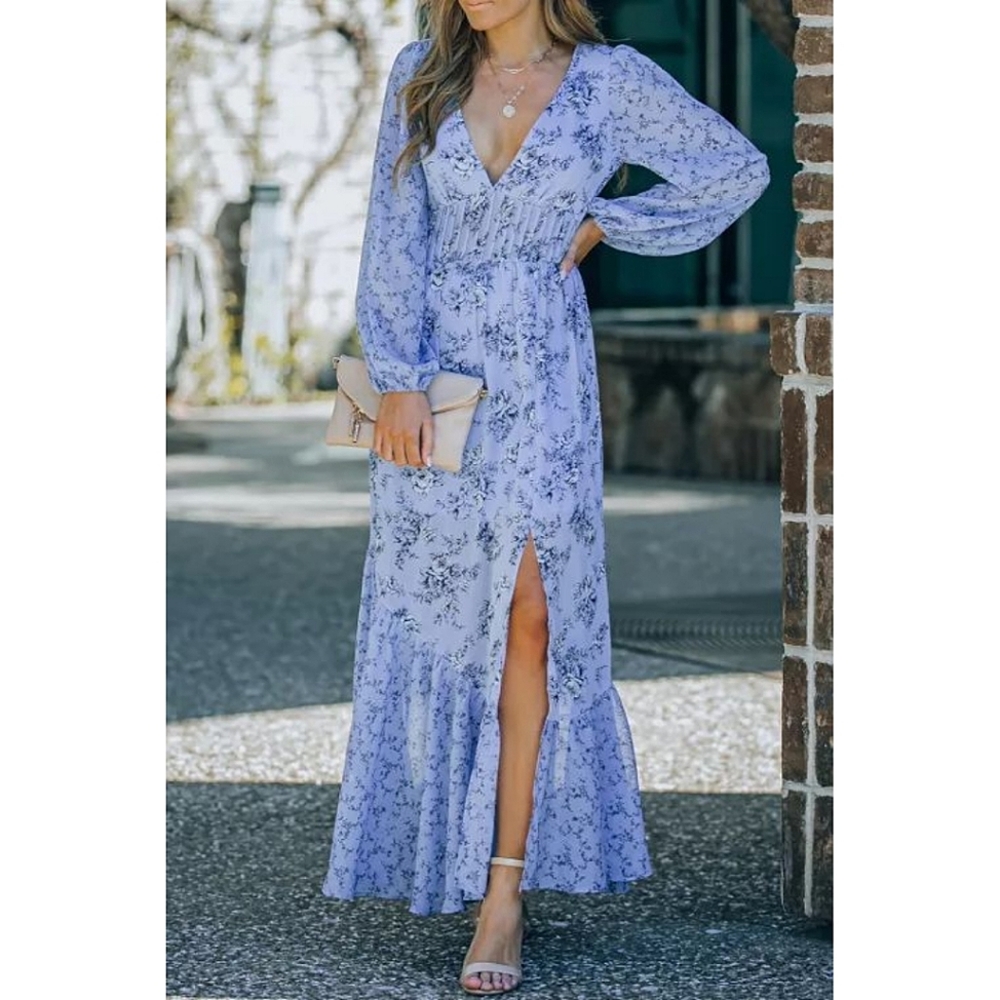 LAST ONE! Plus Size DREW Blue Floral Print Maxi Dress With Bubble Sleeves - Picture 7 of 7